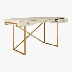 Avalon 3-Drawer Gold Desk With Ivory Shagreen Top -Nesto Store AvalonIvoryFauxShgrnDesk3QAVS20