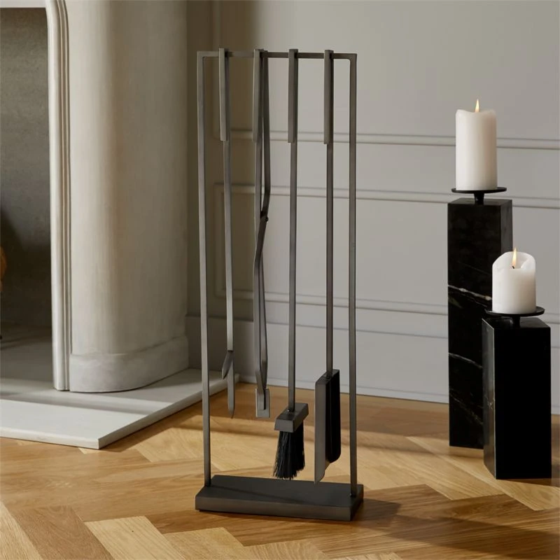 4-Piece Bend Raw Steel Standing Fireplace Tool Set 3 4-Piece Bend Raw Steel Standing Fireplace Tool Set
