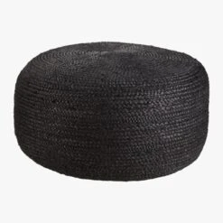 Large Black Braided Jute Pouf -Nesto Store BraidedHempPoufBlkLrgS18