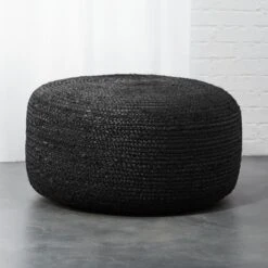 Large Black Braided Jute Pouf