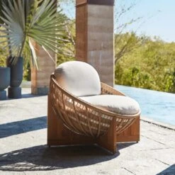 Masha Rattan And Teak Outdoor Lounge Chair With White Sunbrella® Cushions -Nesto Store CB2SU23 11B V1 RET