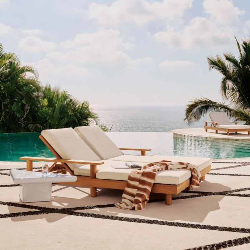 Pinet Teak Outdoor Double Chaise Lounge With Textured Ivory Perennials® Cushions 4 Pinet Teak Outdoor Double Chaise Lounge With Textured Ivory Perennials® Cushions - Image 2