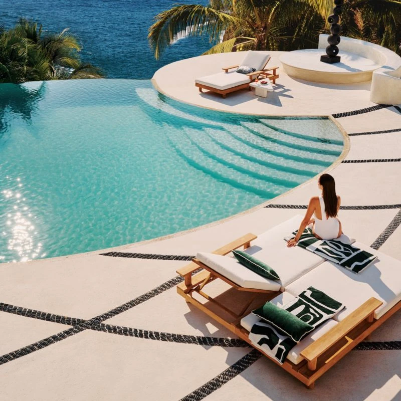 Pinet Teak Outdoor Double Chaise Lounge With Textured Ivory Perennials® Cushions 5 Pinet Teak Outdoor Double Chaise Lounge With Textured Ivory Perennials® Cushions - Image 3