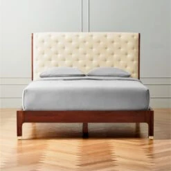 Crosby Tufted White Velvet And Wood Queen Bed