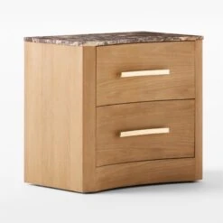 Kingsbury 2-Drawer Curved Oak Wood Nightstand With Marble Top -Nesto Store KingsburyCrvdMrblNghtstnd3QSSF22