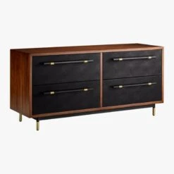 Oberlin 4-Drawer Black Leather And Wood Dresser -Nesto Store OberlinLowDresser3QFS18