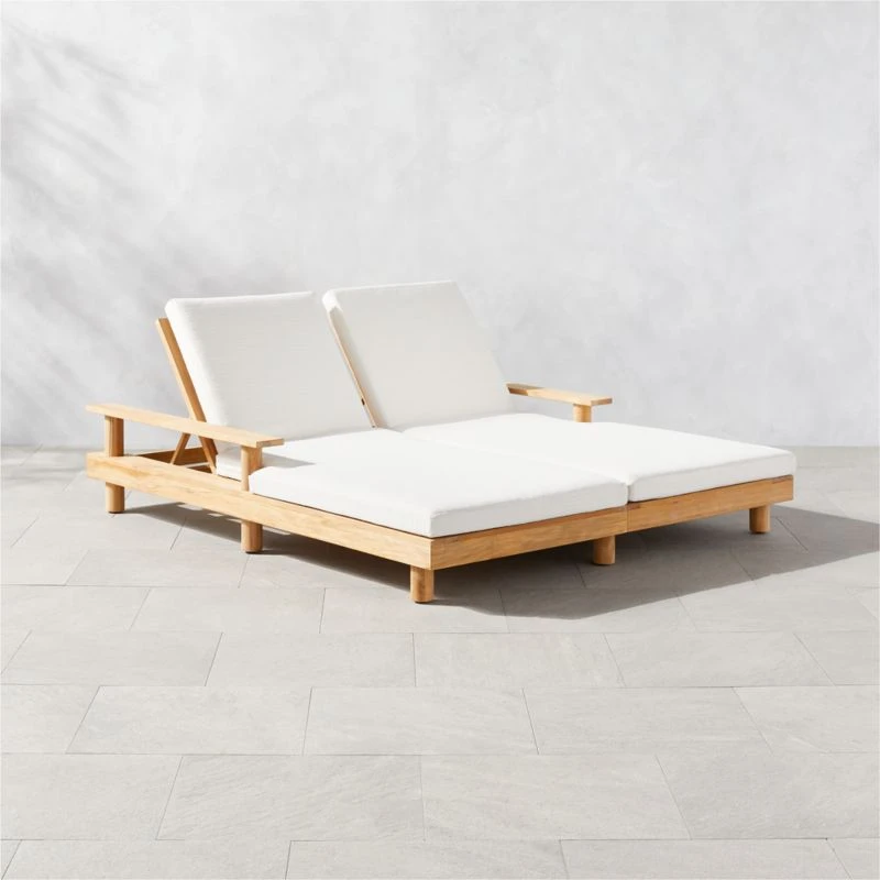 Pinet Teak Outdoor Double Chaise Lounge With Textured Ivory Perennials® Cushions 3 Pinet Teak Outdoor Double Chaise Lounge With Textured Ivory Perennials® Cushions