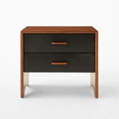 Ralston 2-Drawer Black Leather And Walnut Wood Nightstand -Nesto Store RalstonWltNLthNghtstndSOSSS23