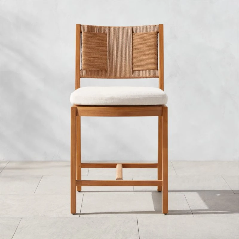 Roc Teak And Rattan Outdoor Counter Stool With Ivory Sunbrella® Cushion 3 Roc Teak And Rattan Outdoor Counter Stool With Ivory Sunbrella® Cushion