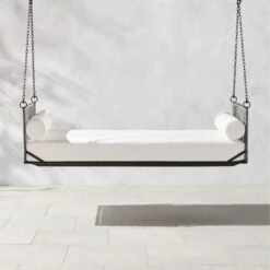 Zora Black Rattan Outdoor Hanging Daybed With White Sunbrella® Cushions